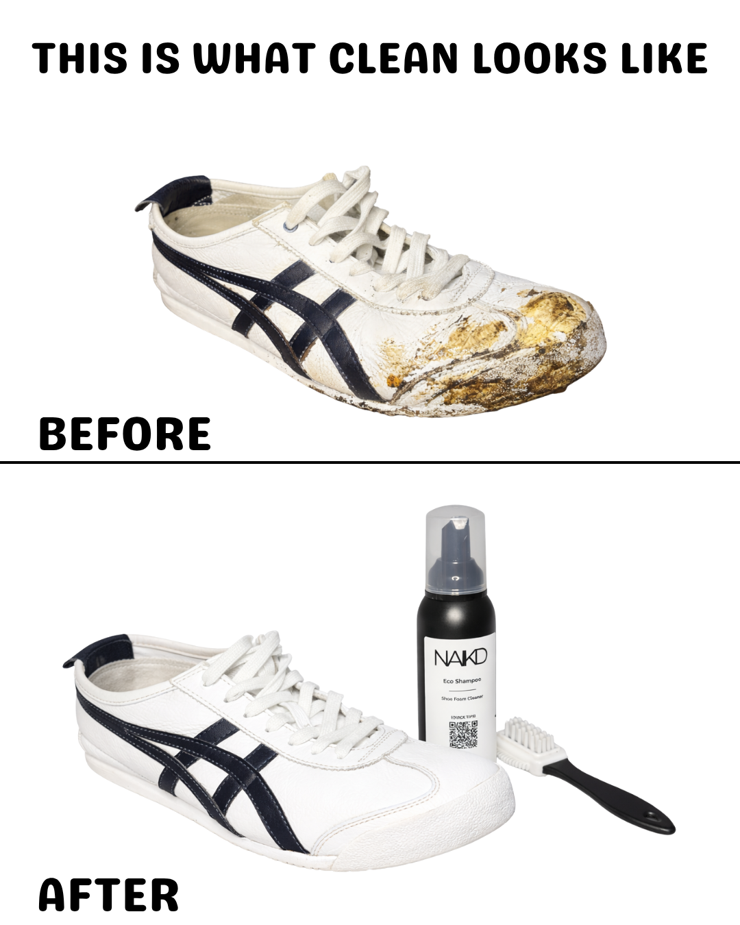 Before and after comparison of a white sneaker with black accents, showing cleaning products and tools.