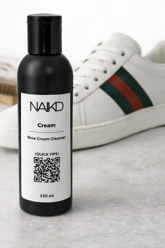 NAIKD Cream Shoe Cleanser 150ml black bottle for cleaning leather sneakers and designer shoes.
