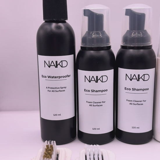 Sneaker cleaning and whitening bundle with eco shampoo, cream cleaner, eco waterproofer, whitener, 2 brushes and 2 cloths