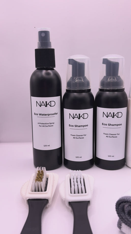 Sneaker cleaning and whitening bundle with eco shampoo, cream cleaner, eco waterproofer, whitener, 2 brushes and 2 cloths